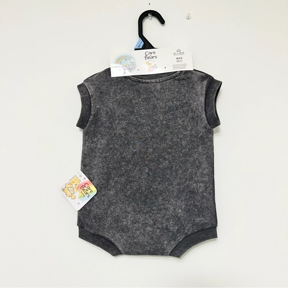 NEW Care Bears Black Acid-Wash Romper Matching Bucket Hat 2 Piece Set size 3-6 m